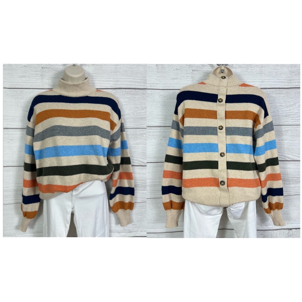 St John's Bay Sweater Knit Multicolor Striped Mock Neck Faux Button Back 💗